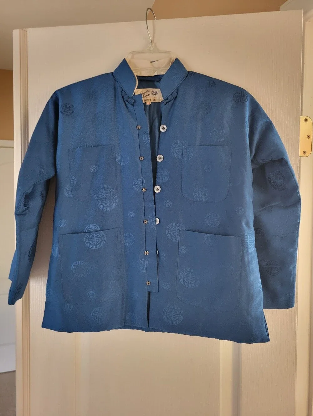 Vtg Double Horse Kids Pure Silk Blue Chinese Mandarin Jacket Medallion Size 23